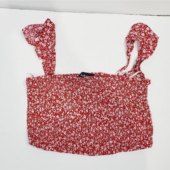 4x$25 Aakaa red floral  summer smocked ruffle straps top size Medium - Picture 2 of 7